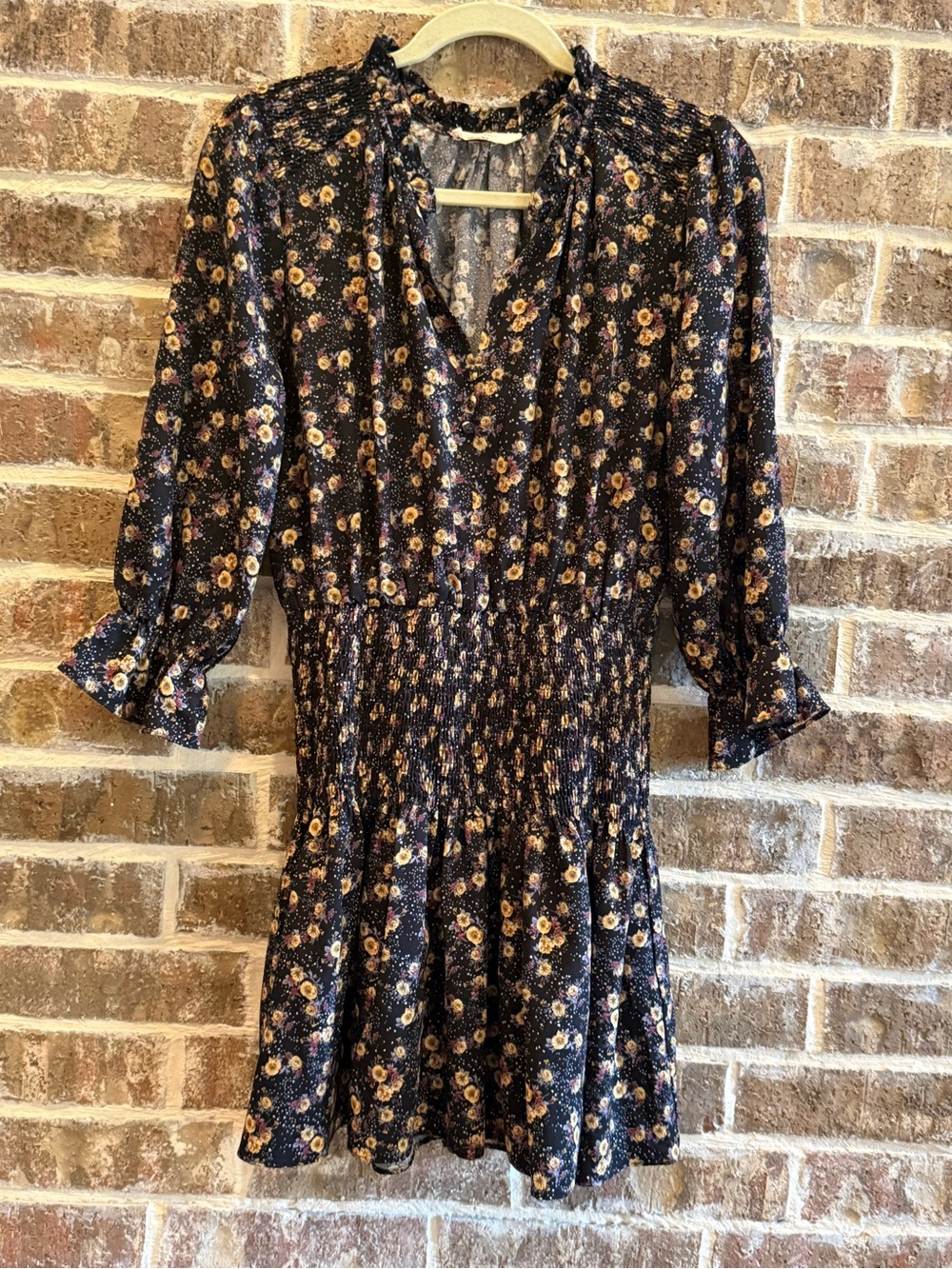 Entro Black Floral Smocked Waist Ruffle Neck Long Sleeve Mini Dress M